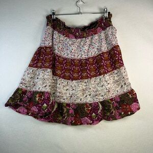 Fire Los Angeles Tiered Floral A-Line Skirt in Pink and Burgundy
